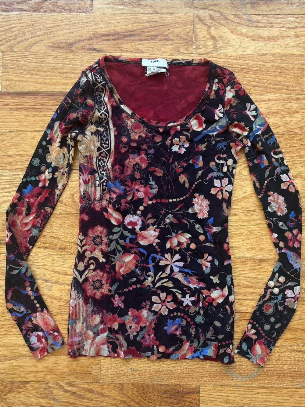 Fuzzi Women’s Long Sleeve Floral Velvet Scoop Neck Top - Burgundy Multicolor